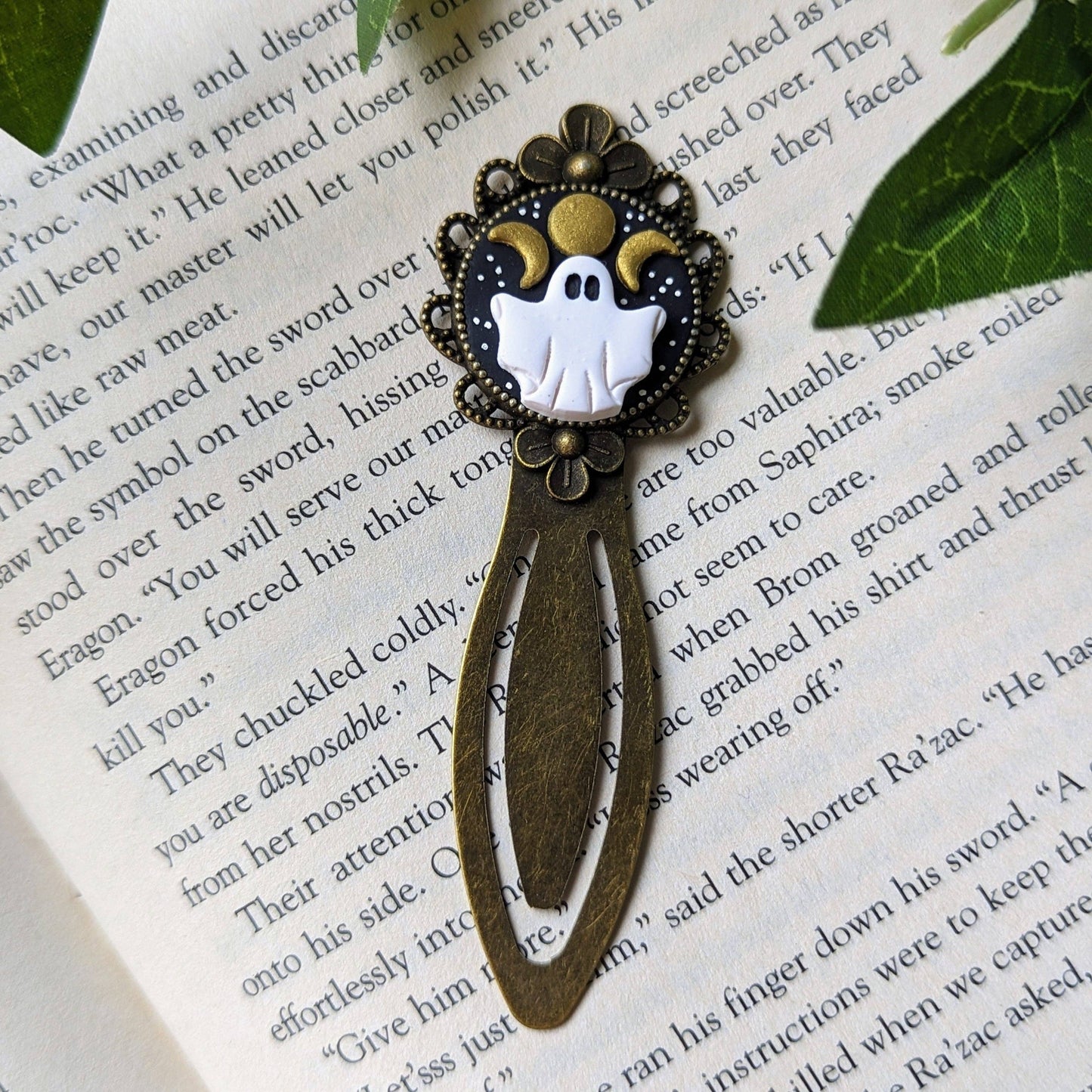 Ghost & Triple Moon Bookmark - Handmade Brass and Polymer Clay