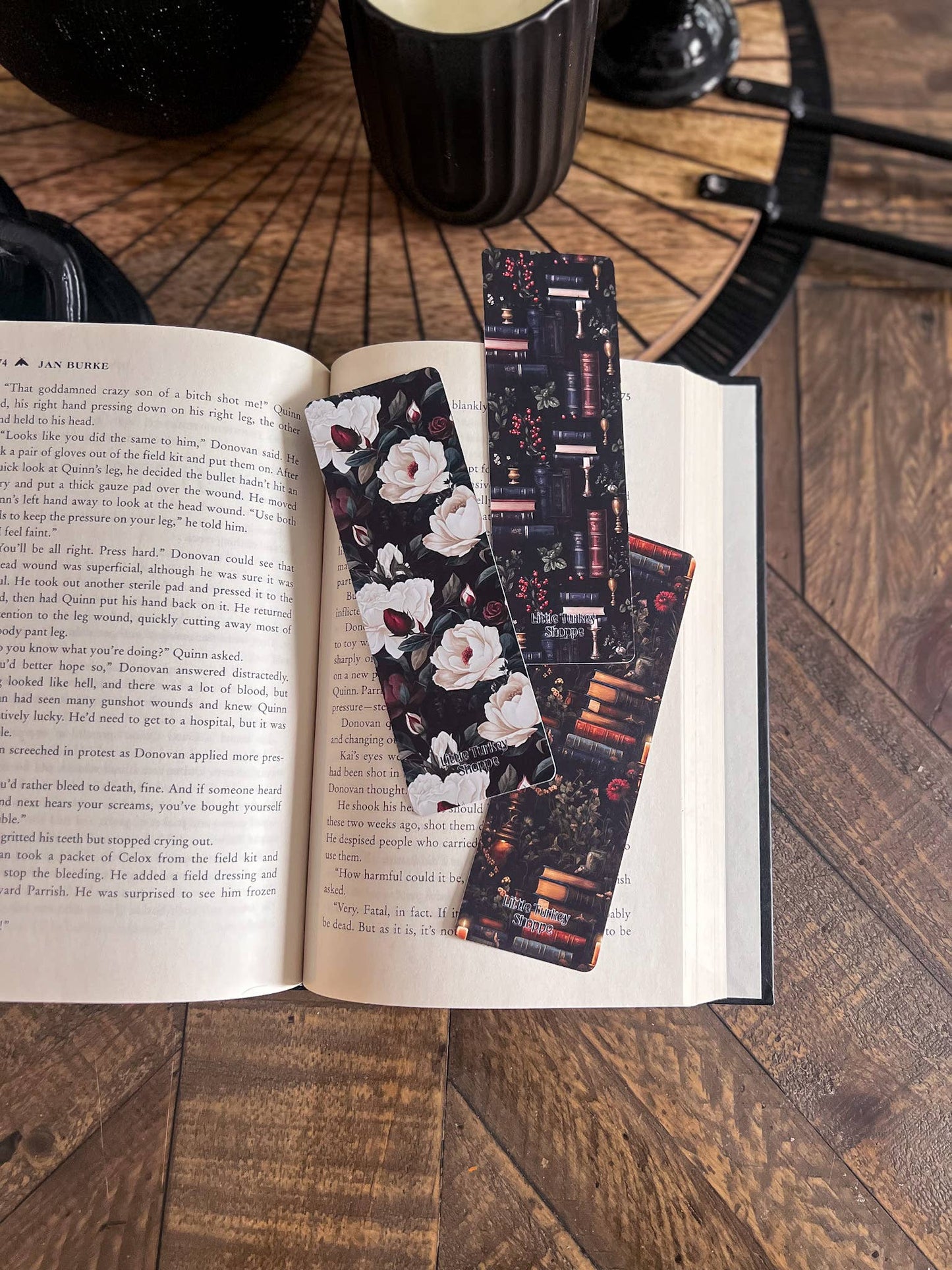 Dark Floral Bookmark, Gold Bookshelf