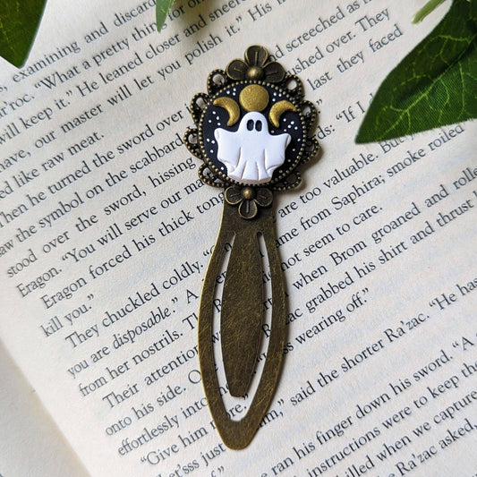 Ghost & Triple Moon Bookmark - Handmade Brass and Polymer Clay
