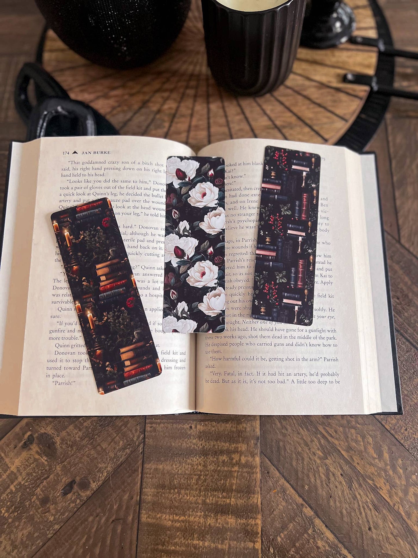 Dark Floral Bookmark, Gold Bookshelf