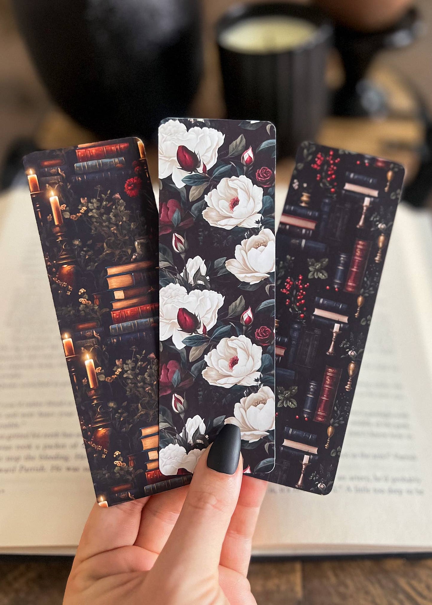 Dark Floral Bookmark, Gold Bookshelf