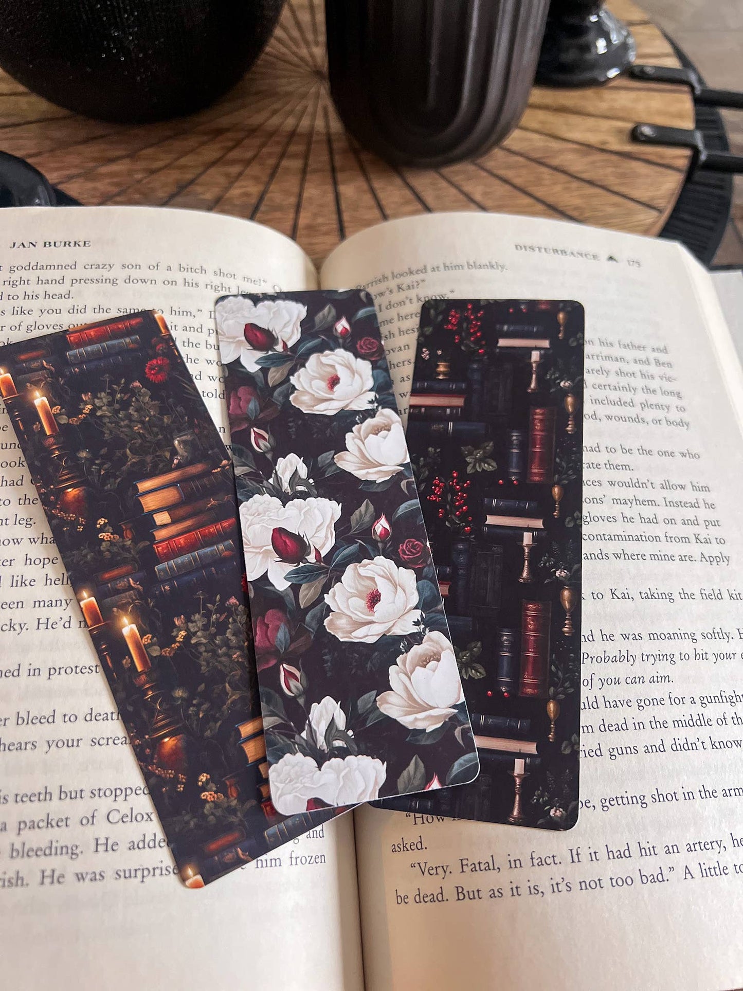 Dark Floral Bookmark, Gold Bookshelf