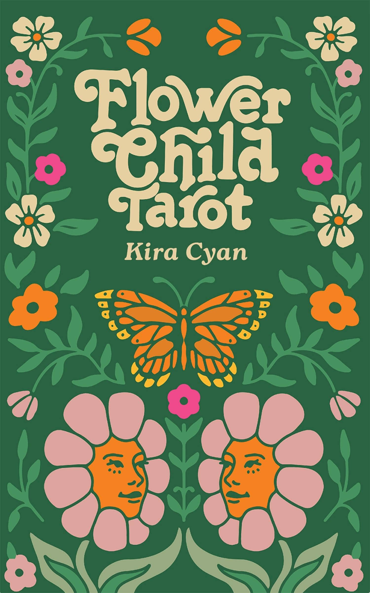 Book cover of 'Flower Child Tarot' by Kira Cyan with floral design and butterfly on a green background.