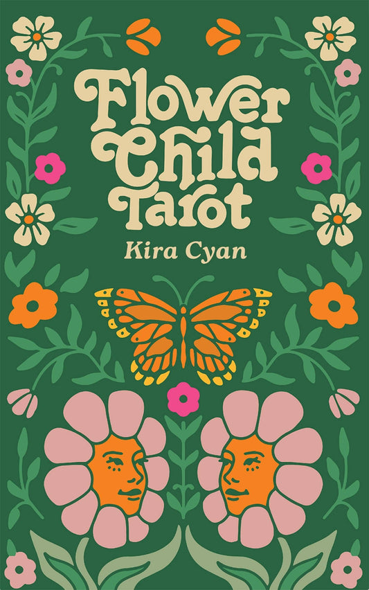 Book cover of 'Flower Child Tarot' by Kira Cyan with floral design and butterfly on a green background.